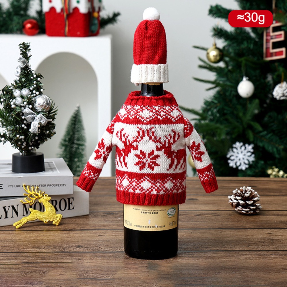 Wine Beer Hat - エルク柄のワインボトルカバー。ミニサンタ帽付きで、繰り返し使えるクリスマス柄のニットボトルカバー。サンタクロースとトナカイのイラストが描かれたビールボトルカバー。