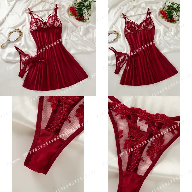 ワインレッドの女性用カントリースタイル麦穂刺繍入り半透明ナイ - Wine & Beer Guayaquil のレビューと価格